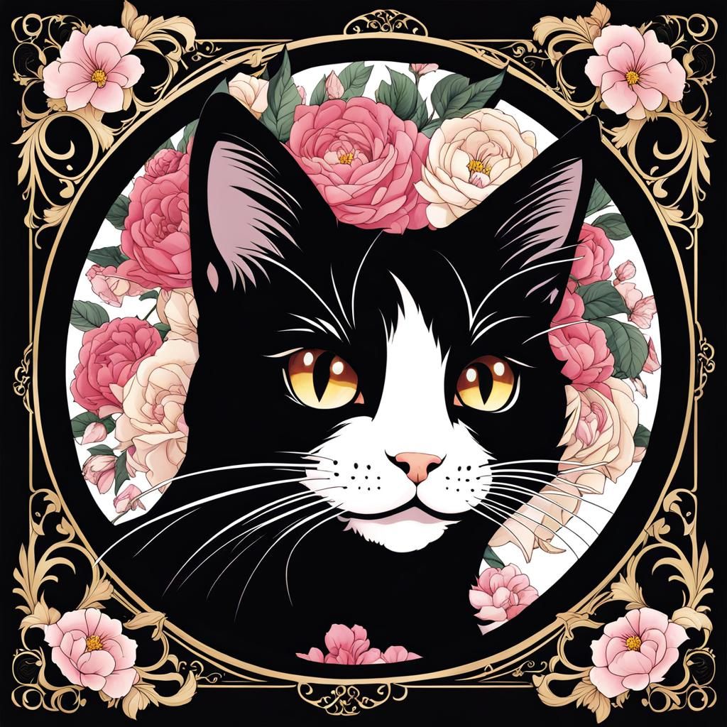 Cat with Floral Background in Gothic Anime Style