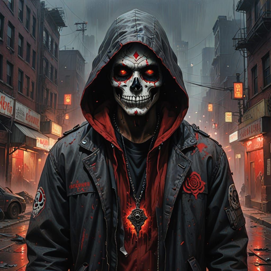 Eerie Sugar Skull in Dystopian City, as Oil Painting