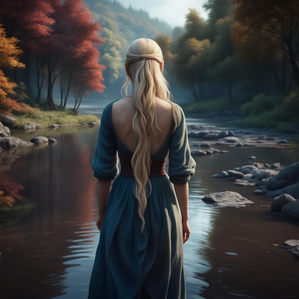 Girl Walking Riverbank in Detailed Matte Painting