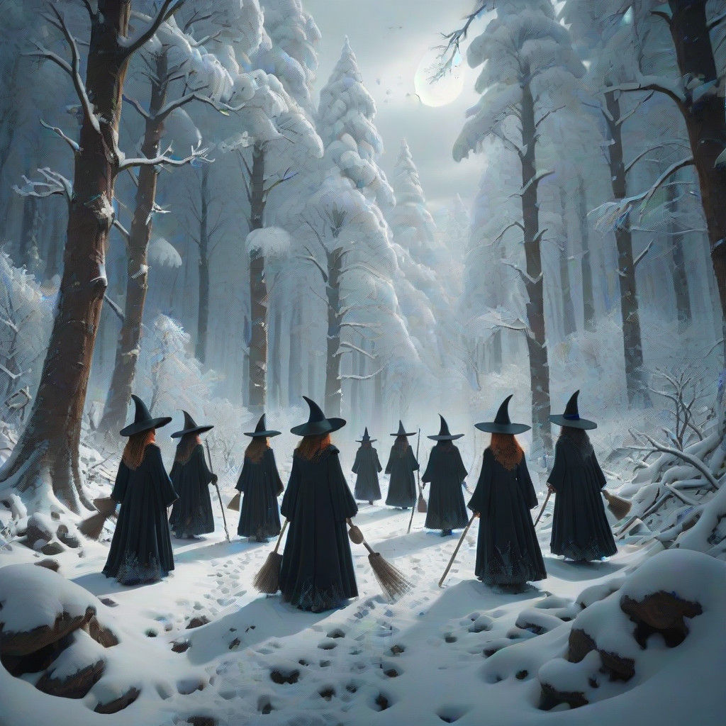 Epic Snowy Witch Coven Scene in Digital Matte Painting Style