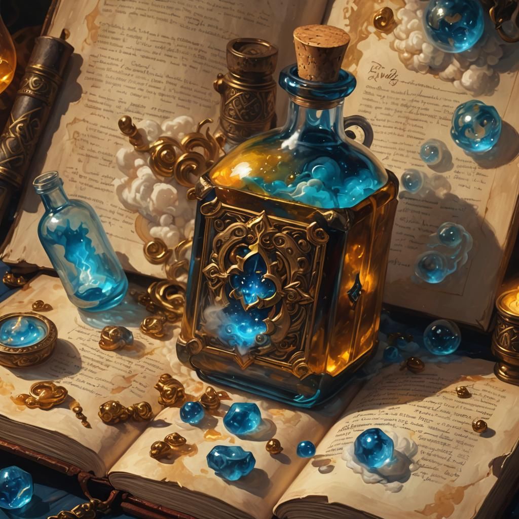 Glowing Potion of Giant Strength Amidst Clouds