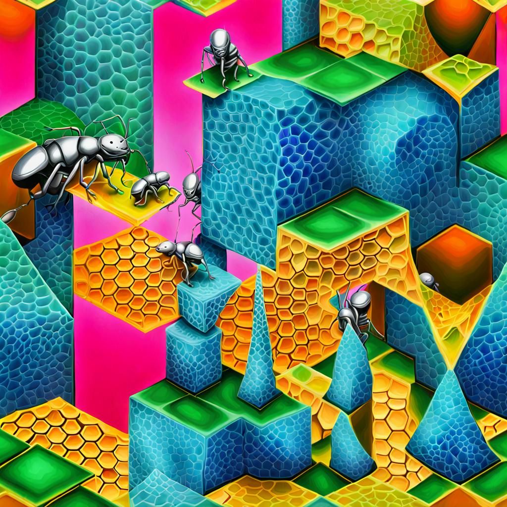 green jesters building ants out of platinium gold and diamonds, honeycomb structure, Mescaline DMT art, jheronimus BOSCH...