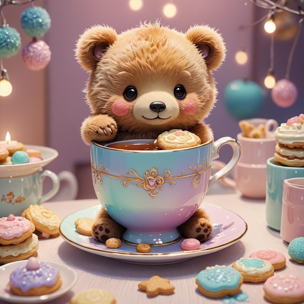 Fluffy Baby Bear Hiding in Teacup: Kawaii Digital Art