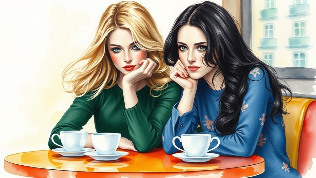 Dreamy Watercolour Artwork of Women in a Winter Cafe