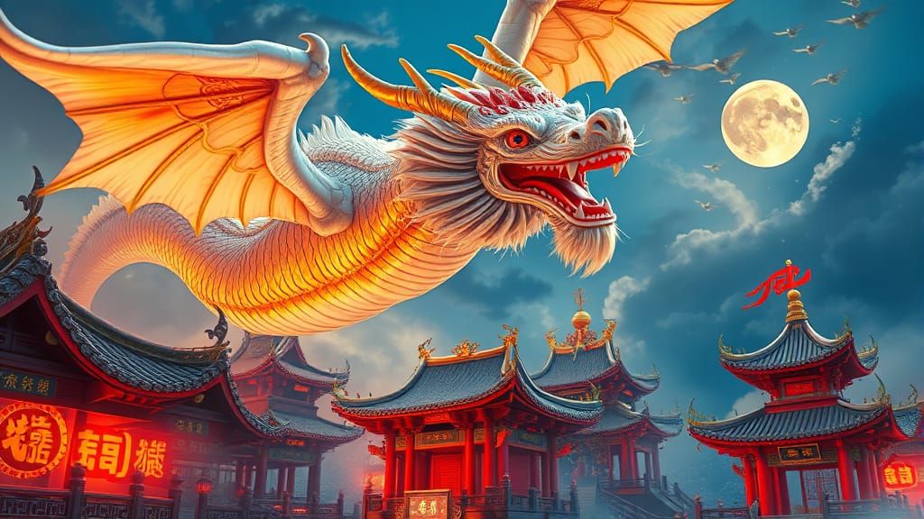 Chinese Dragon Soaring Above Temples in Digital Art