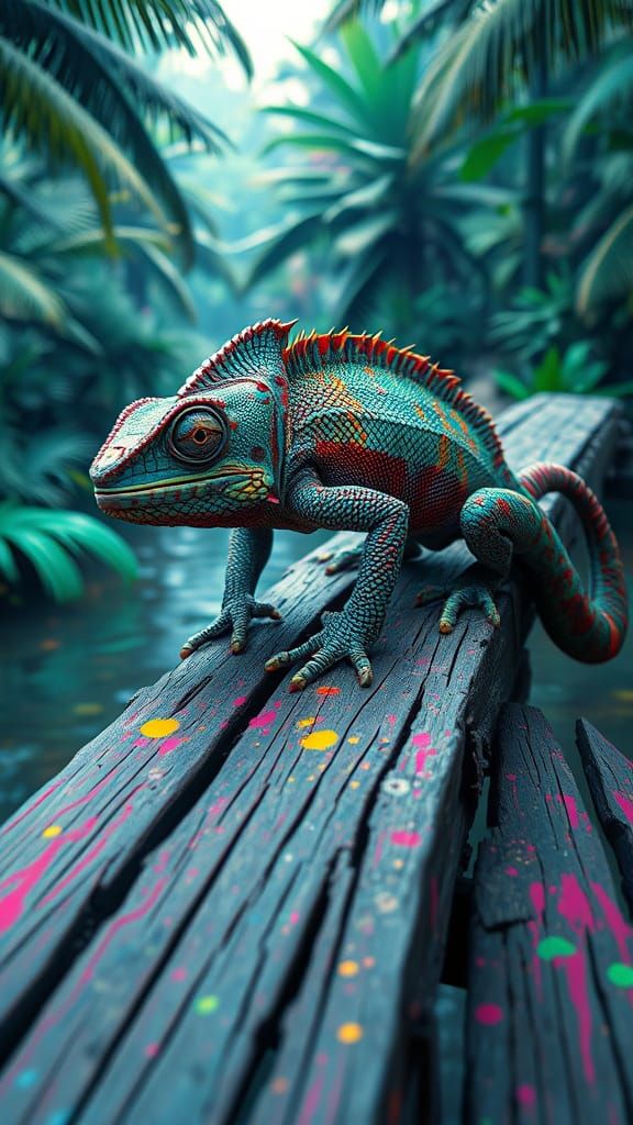 Armored Chameleon Crawling Over Tropical River Bridge