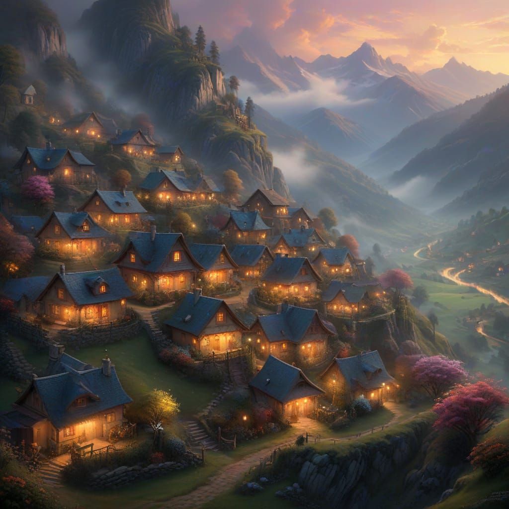 Idyllic Village at Dawn in an Ethereal Fantasy Landscape