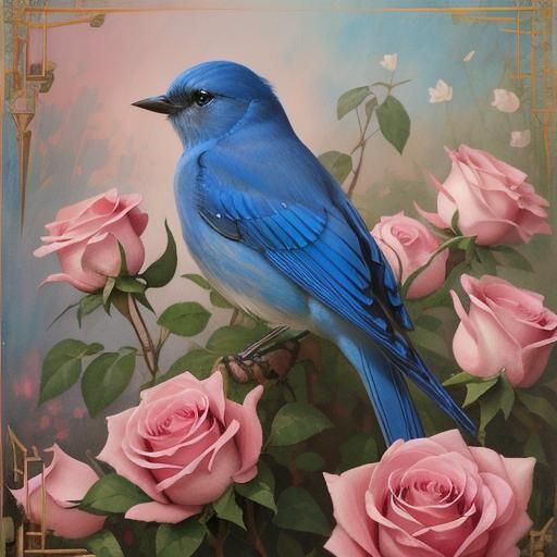 Ethereal Bluebird Amidst Vibrant Pink Roses in Impressionist...