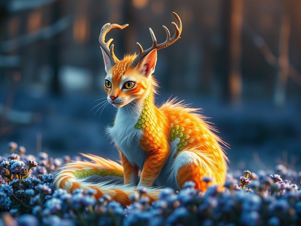 Whimsical Winter Dragon Cat in Golden Light