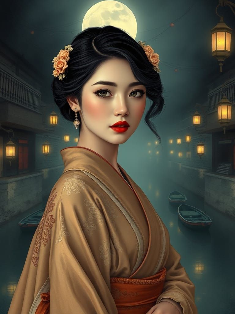 Ethereal Woman in Sepia Kimono, Vintage Comic Art