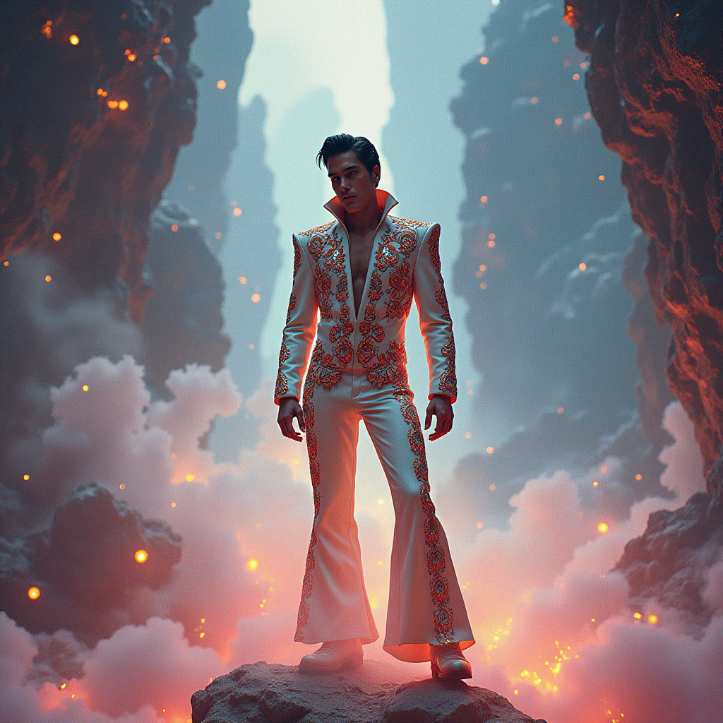 Elvis in Dreamlike Futuristic Landscape
