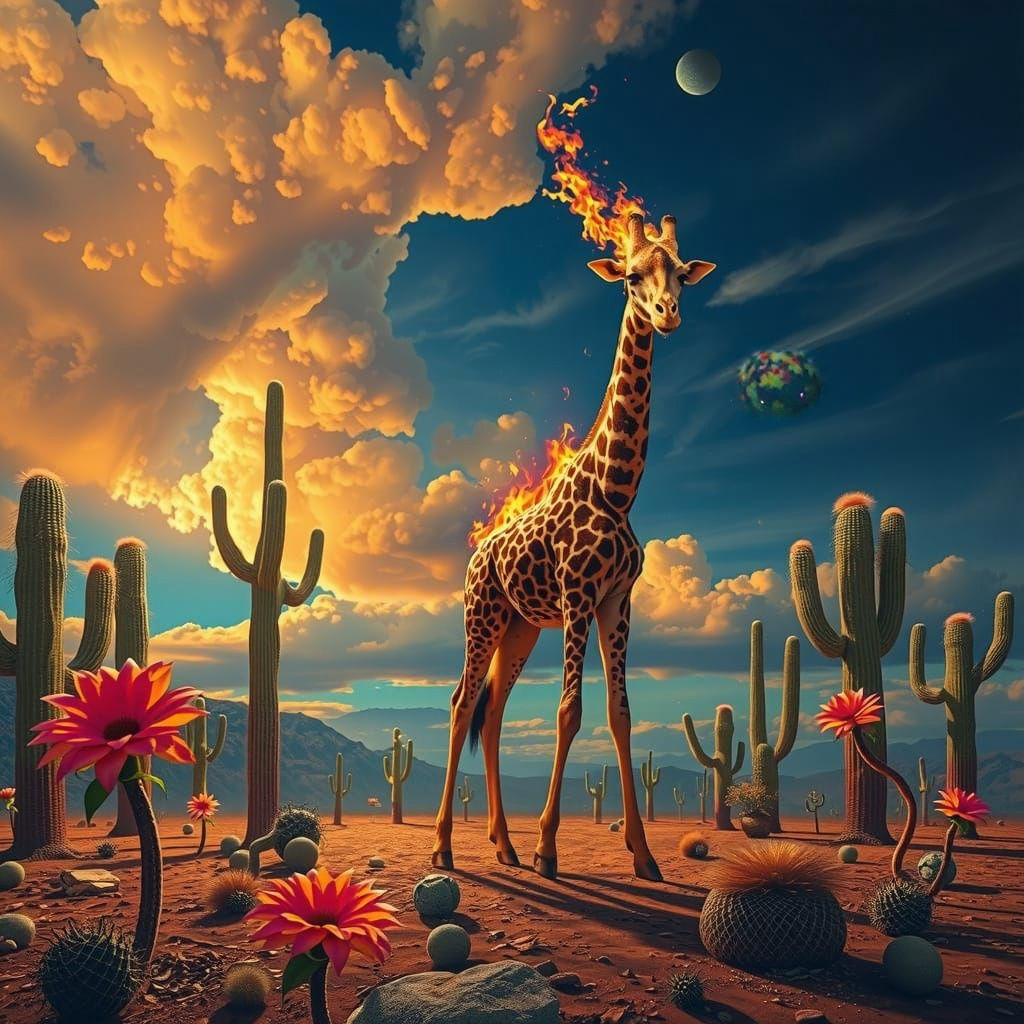 Surrealist Masterpiece: Giraffe in Blazing Dreamscape