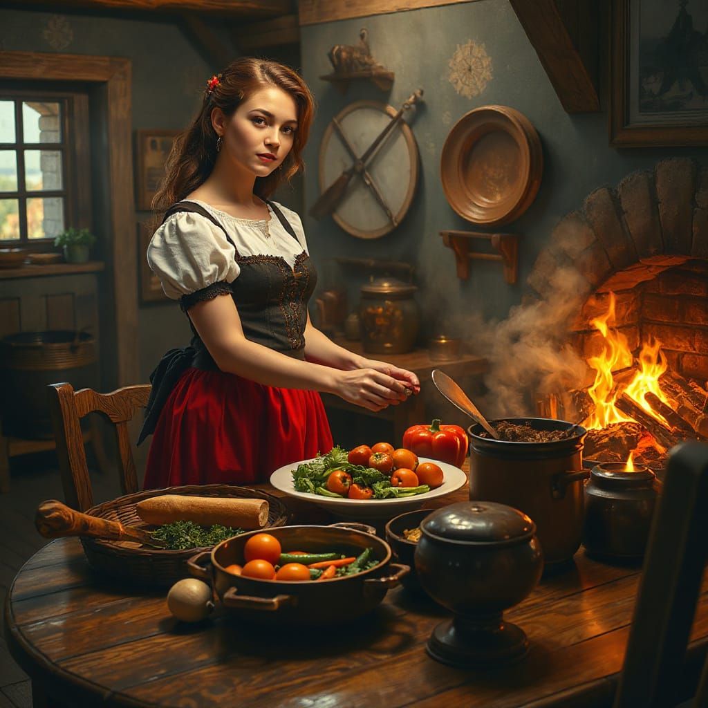 Woman in Dirndl Prepares Dinner in Cozy Medieval Kitchen
