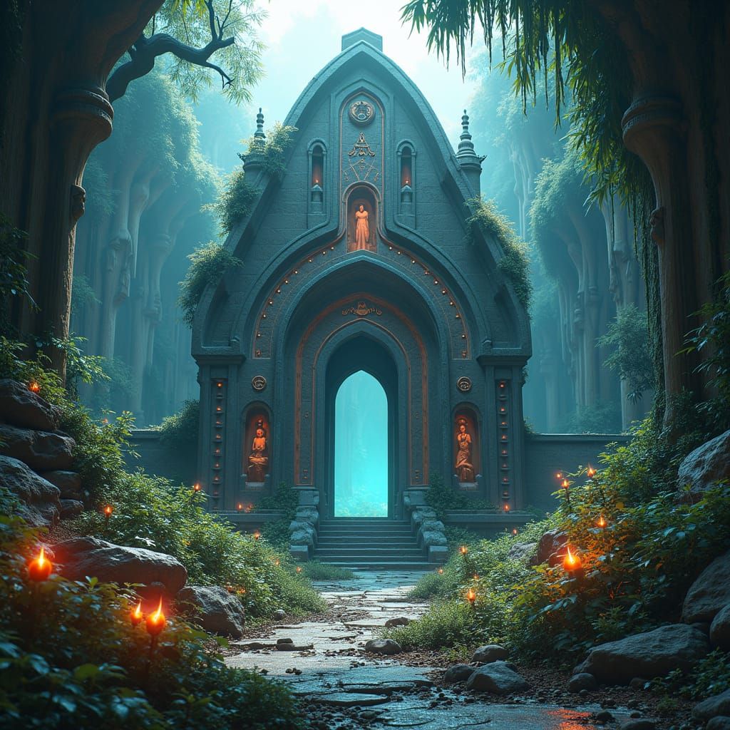 Alien Chapel on Floral Planet in Matte Painting Style