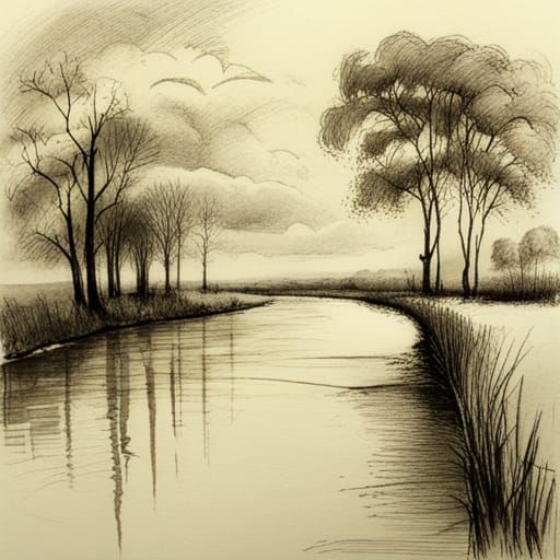 Drypoint Etching of a Tranquil Landscape