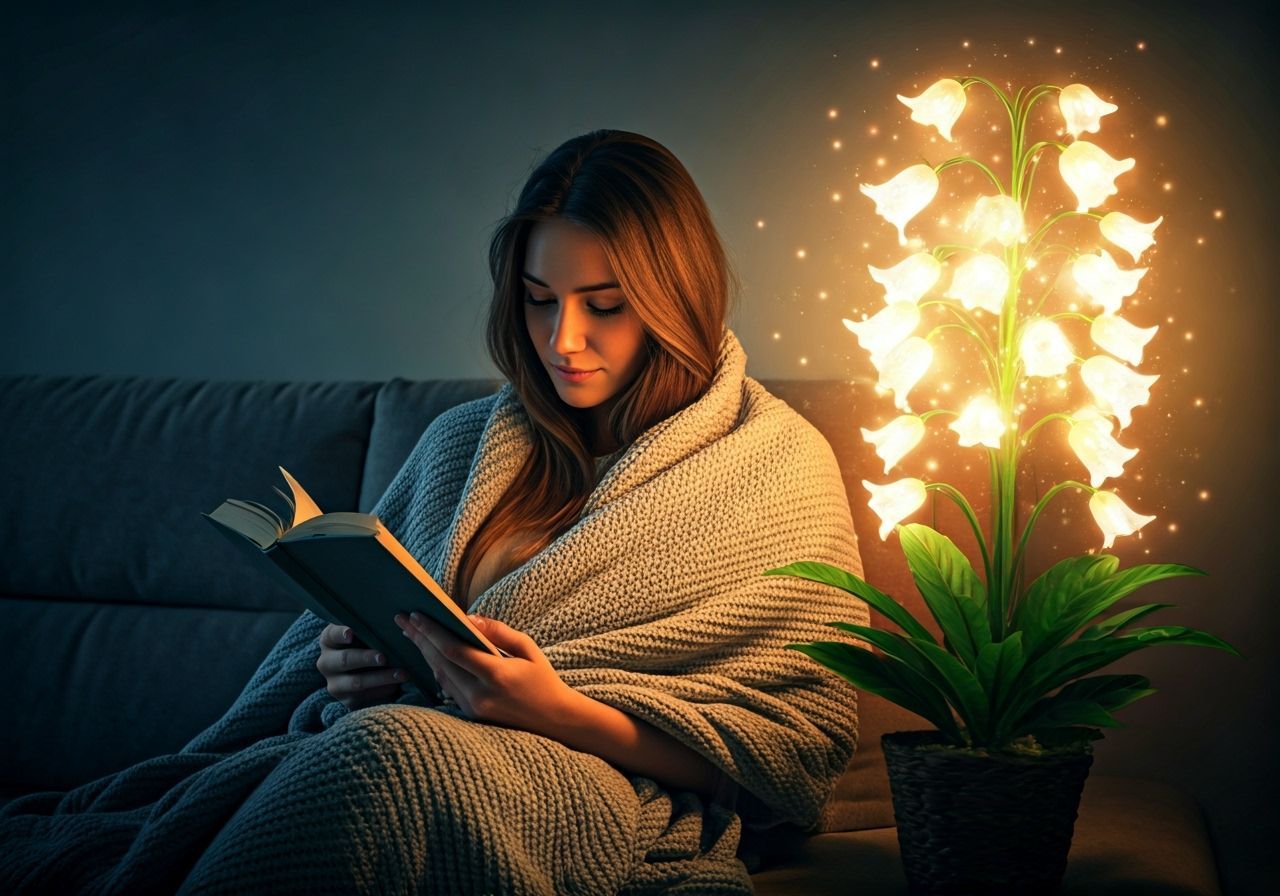 Cozy Woman Reads by Magical Bell Flower Lamp