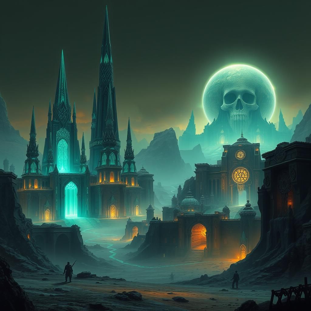 Mystical Necron Cityscape with Ethereal Glow