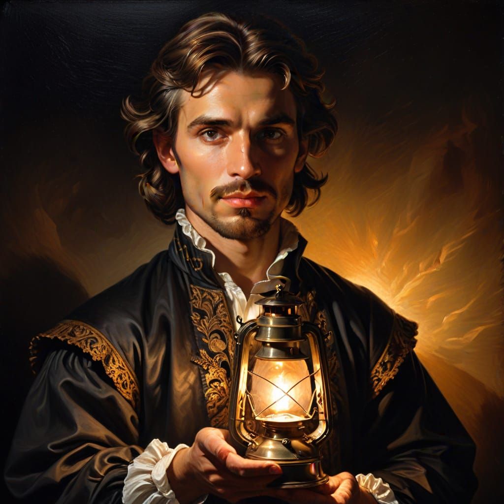 Baroque Man with Lantern in Chiaroscuro Style