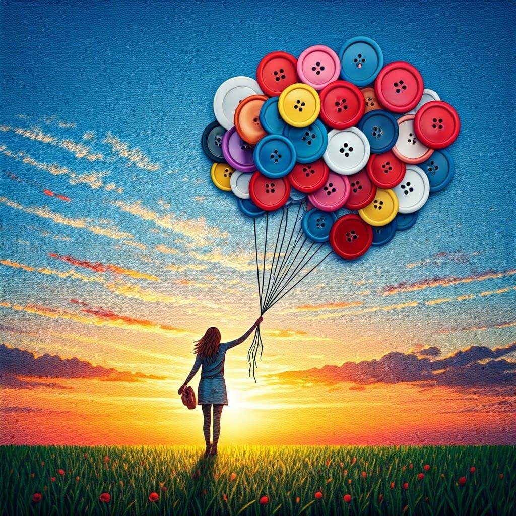 Surreal String Art Embroidery with Balloon Buttons