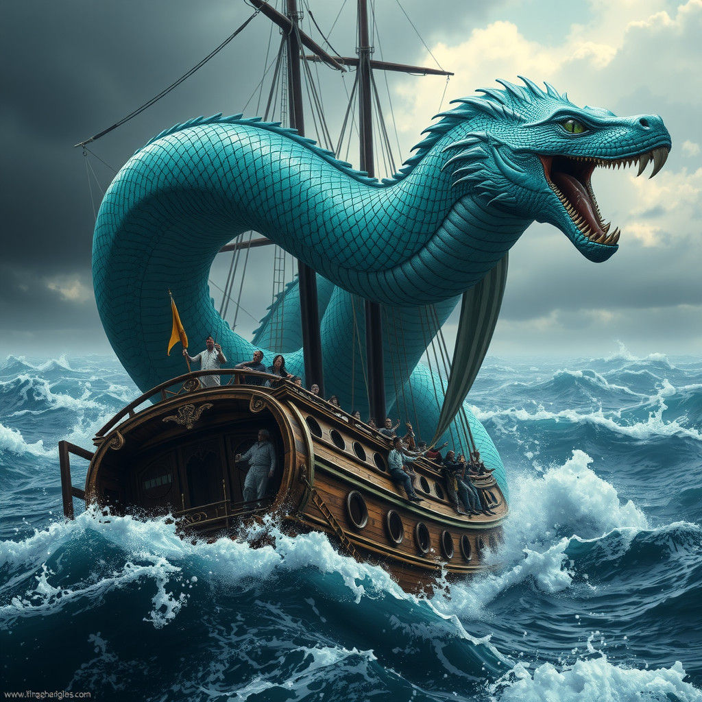 Colossal Sea Serpent Ensnaring a Galleon in Stormy Seas