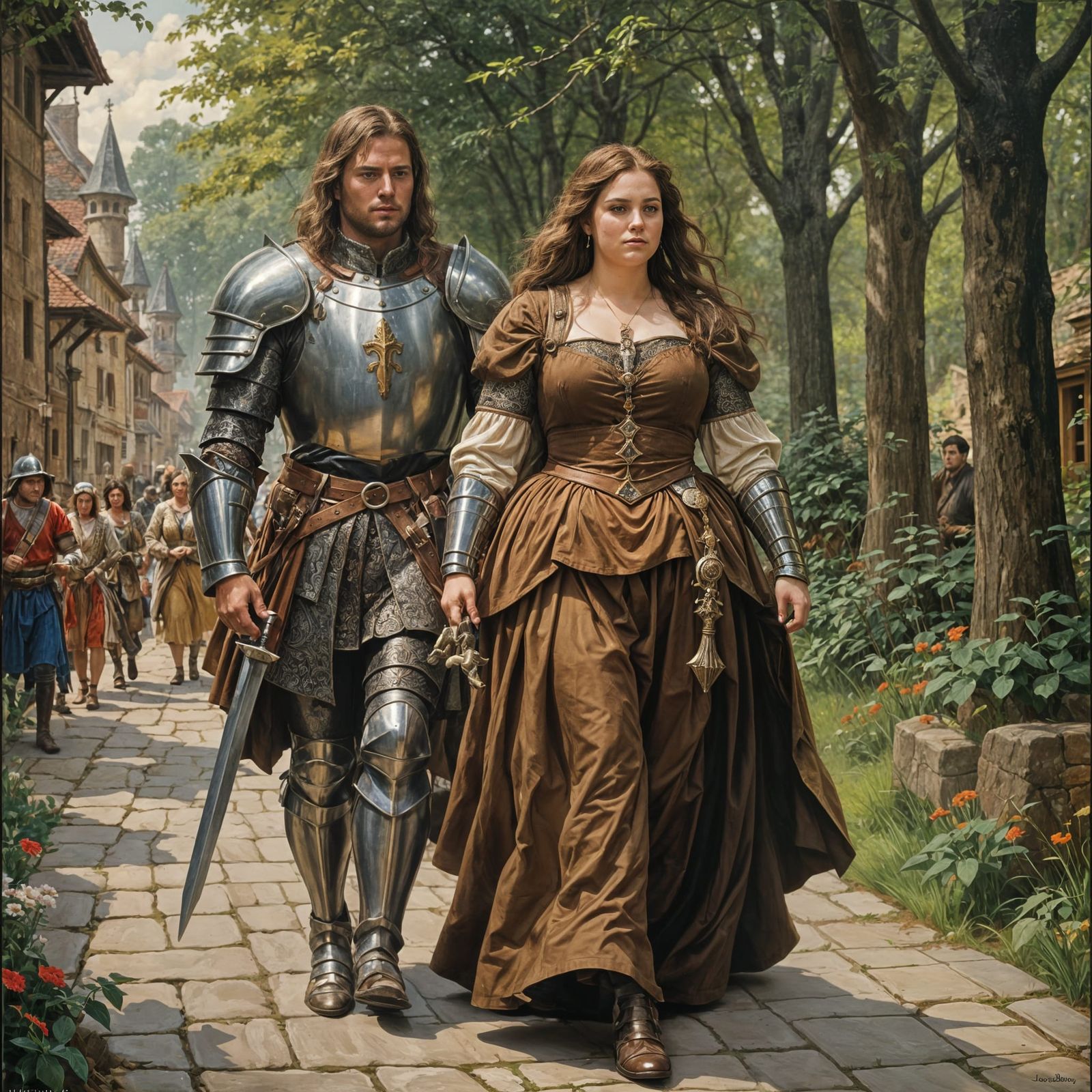 Fantasy Woman and Knight in Oil Painting Style