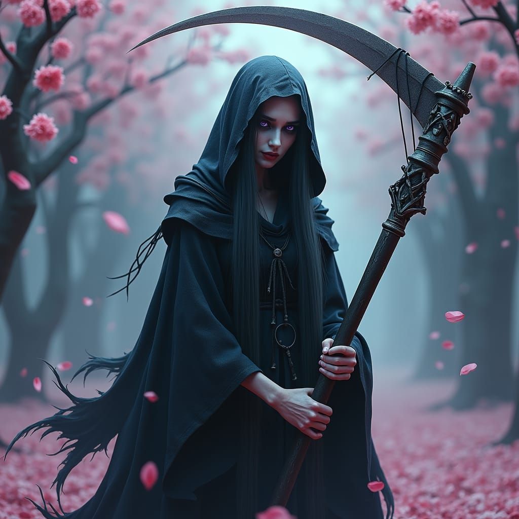 Eerie Grim Reaper in Cherry Blossom Fog