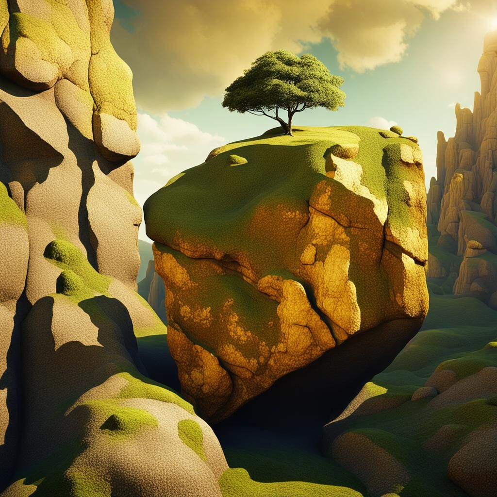 Golden Rock on Cliff: Surrealist Landscape