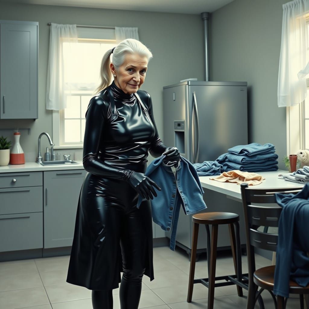 Elegant Woman Folds Laundry in Glossy PVC Outfit