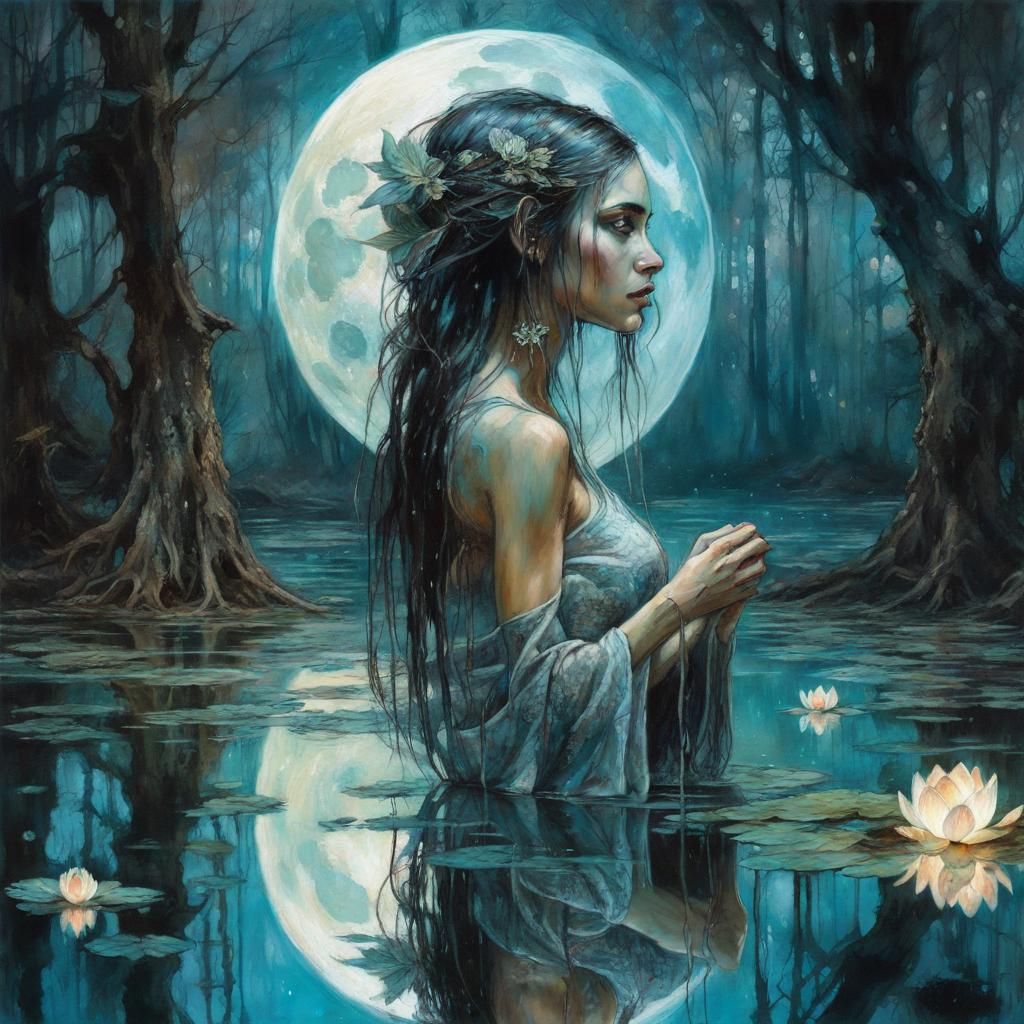 Bioluminescent Moon Goddess in Dark Fantasy Style