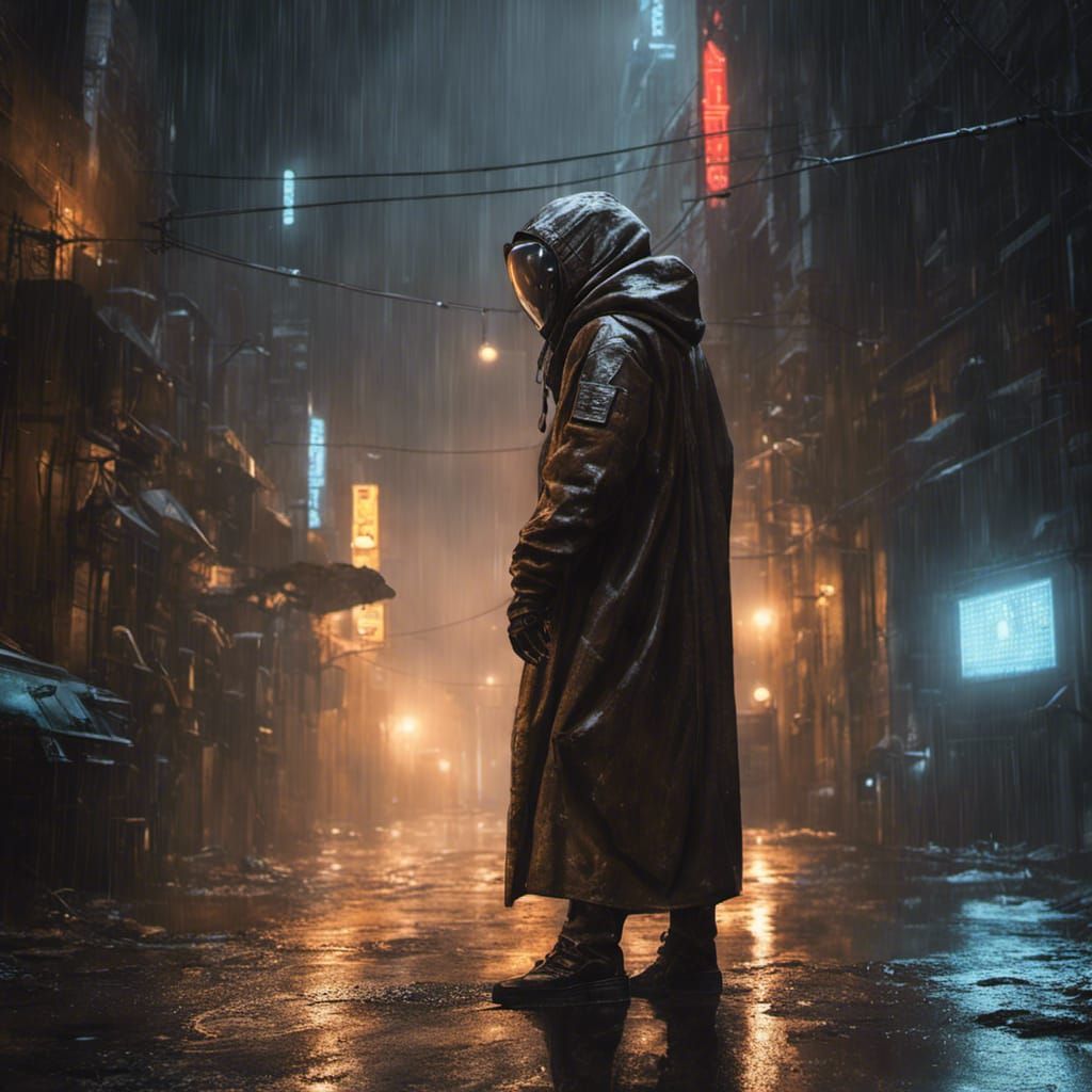 Hooded Alien in Rainy City Alleyway
