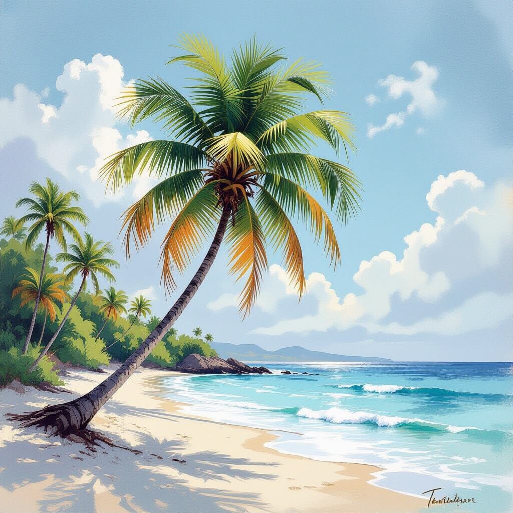 Palm Tree on Beach in Ethereal Gouache Style