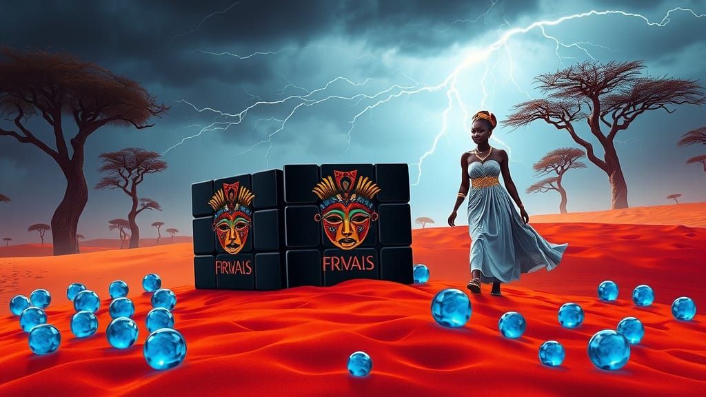 African Masks and Obsidian Rubik's Cubes in Mystical Desert ...