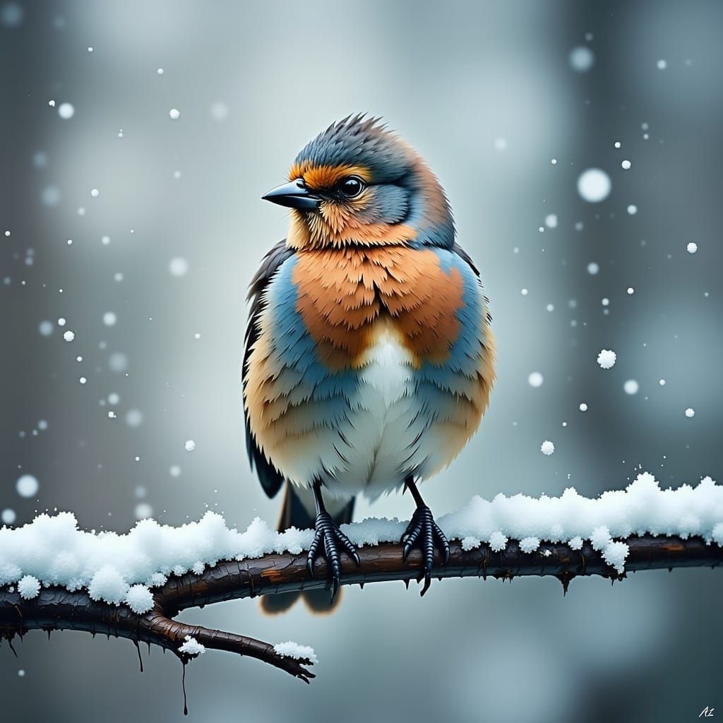 Pixelated Bird on Snowy Branch Fading into Digital Art