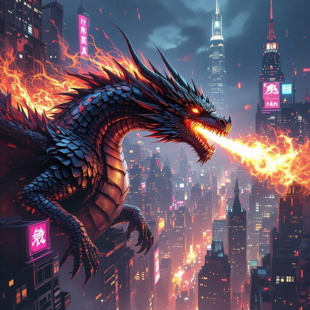Cyberpunk Dragon Over Neon City