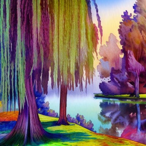 Weeping Willow Tree in Gouache Watercolor Style