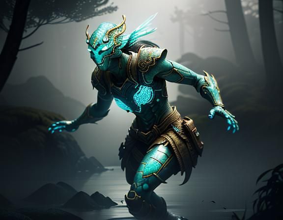 Female Amphibioid in Misty Environment, 3D Game Art