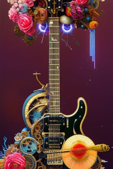 Steampunk Art Nouveau Guitar with Floral Explosion