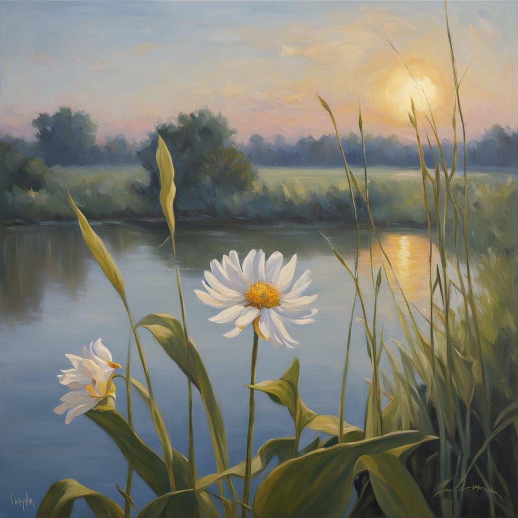 Single Flower by River in Golden Hour Oil Painting