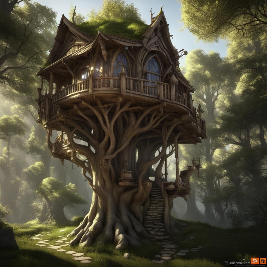 Enchanting Elven Treehouse in Detailed 3D Rendering