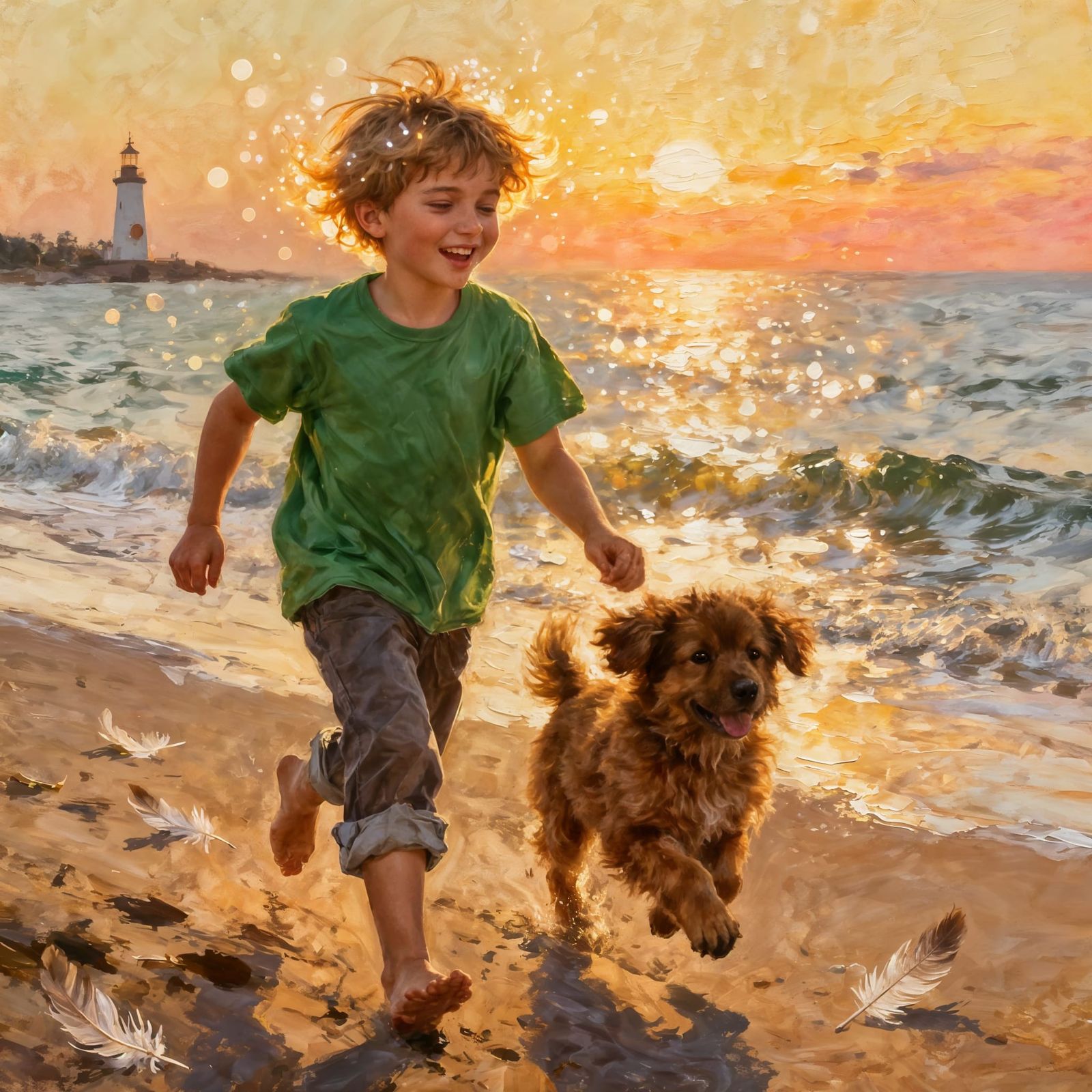 Boy and Puppy on Beach in Impasto Oil Painting Style