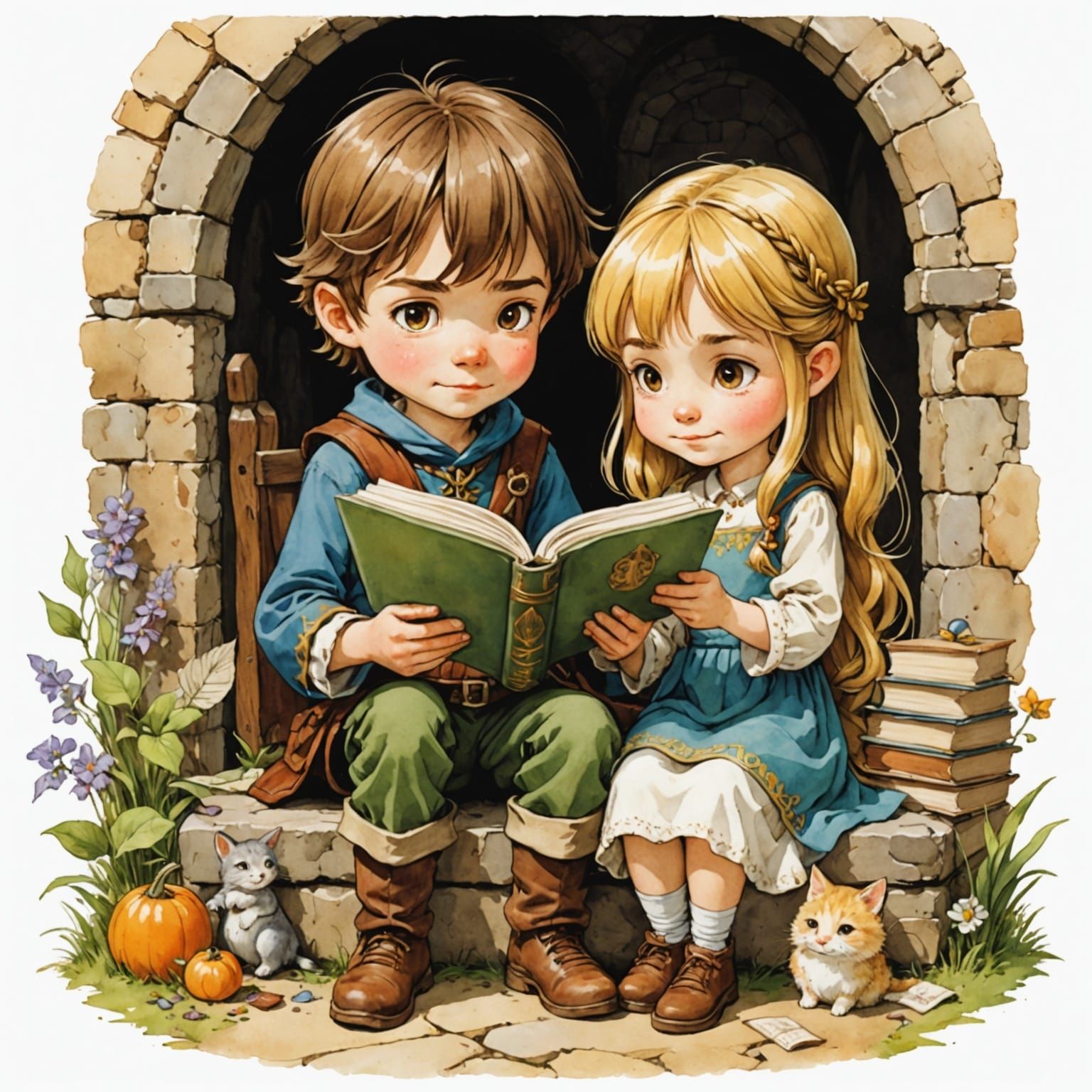 Chibi Siblings Reading Medieval Book, Anime Style