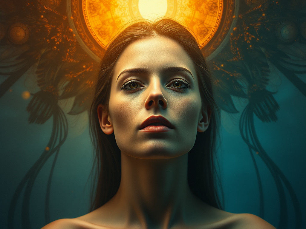 Contemplative Woman in Symbolic Surrealism Style