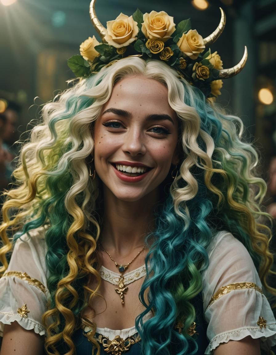 Glamorous Woman Dancing with Roses and Crown