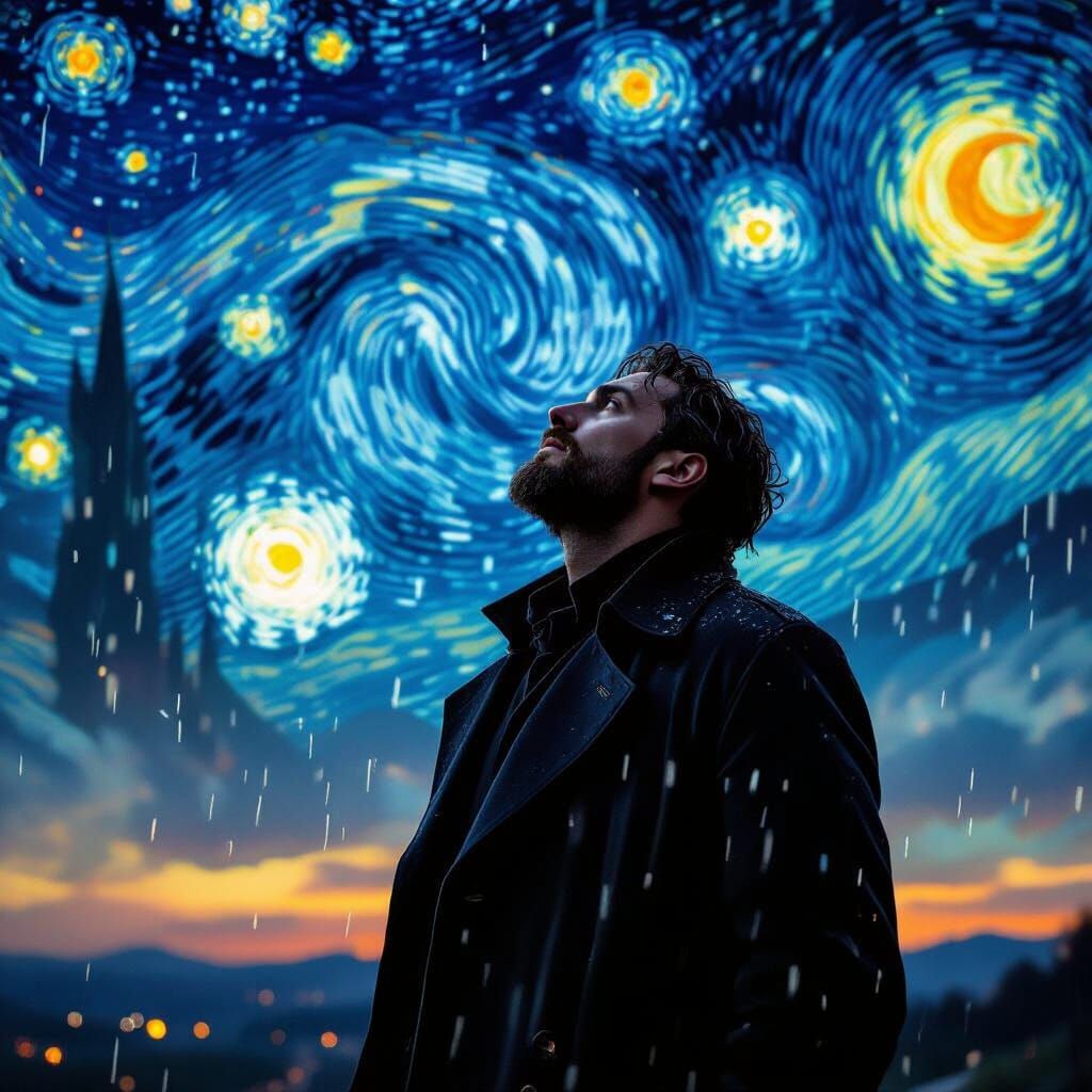 Man Gazing at Starry Night Sky in Van Gogh Style