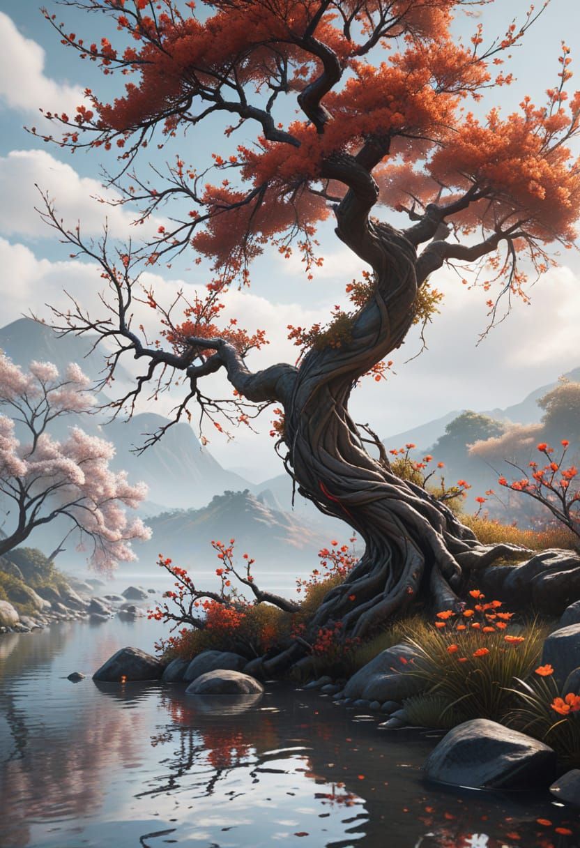 Sakura Tree on Riverbank: Fantasy Concept Art