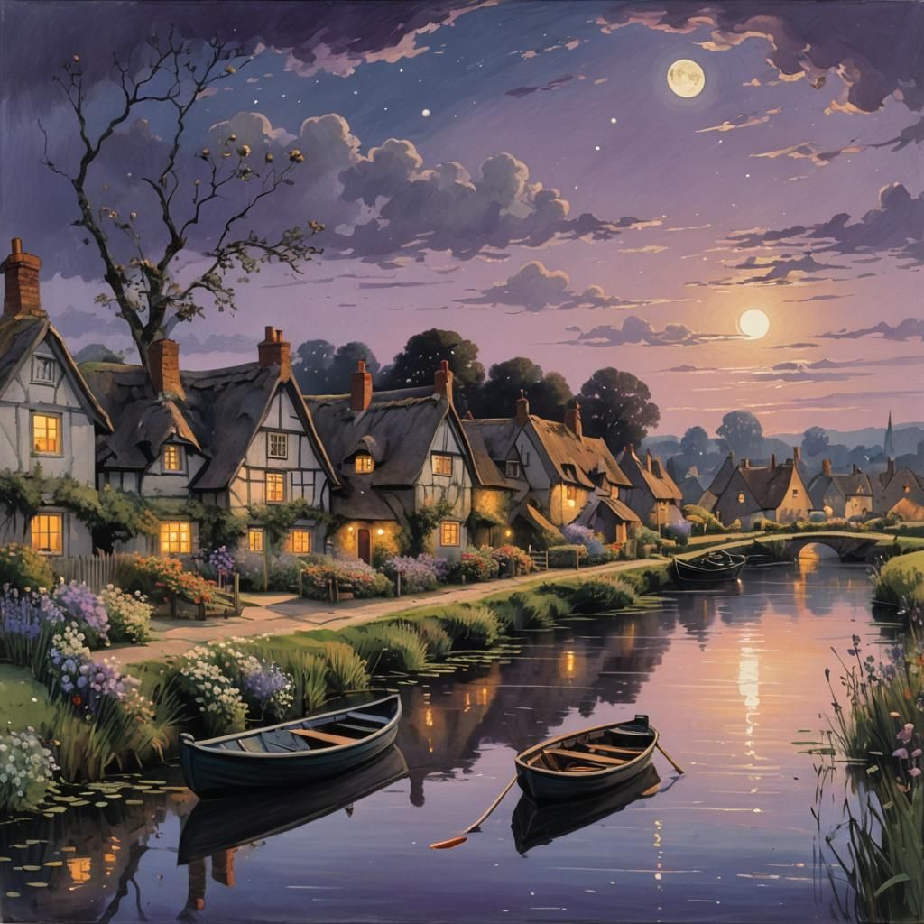 Picturesque English Cottages on the Rivera at Twilight