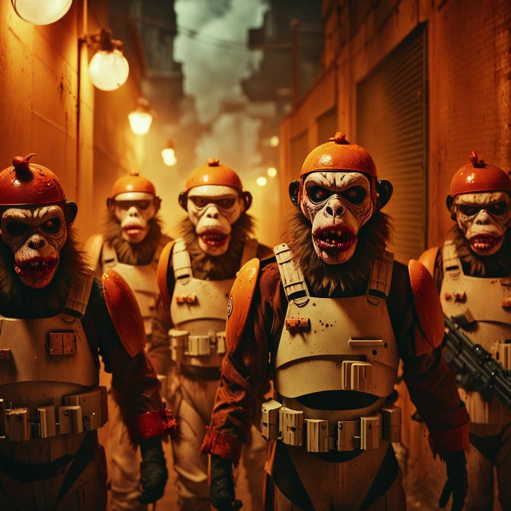 Zombie Monkey Troopers in Dystopian Alleyway