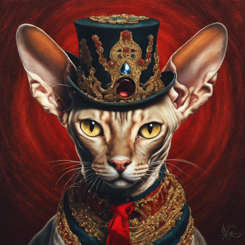 Glittering Top Hat Portrait of Sphynx Cat