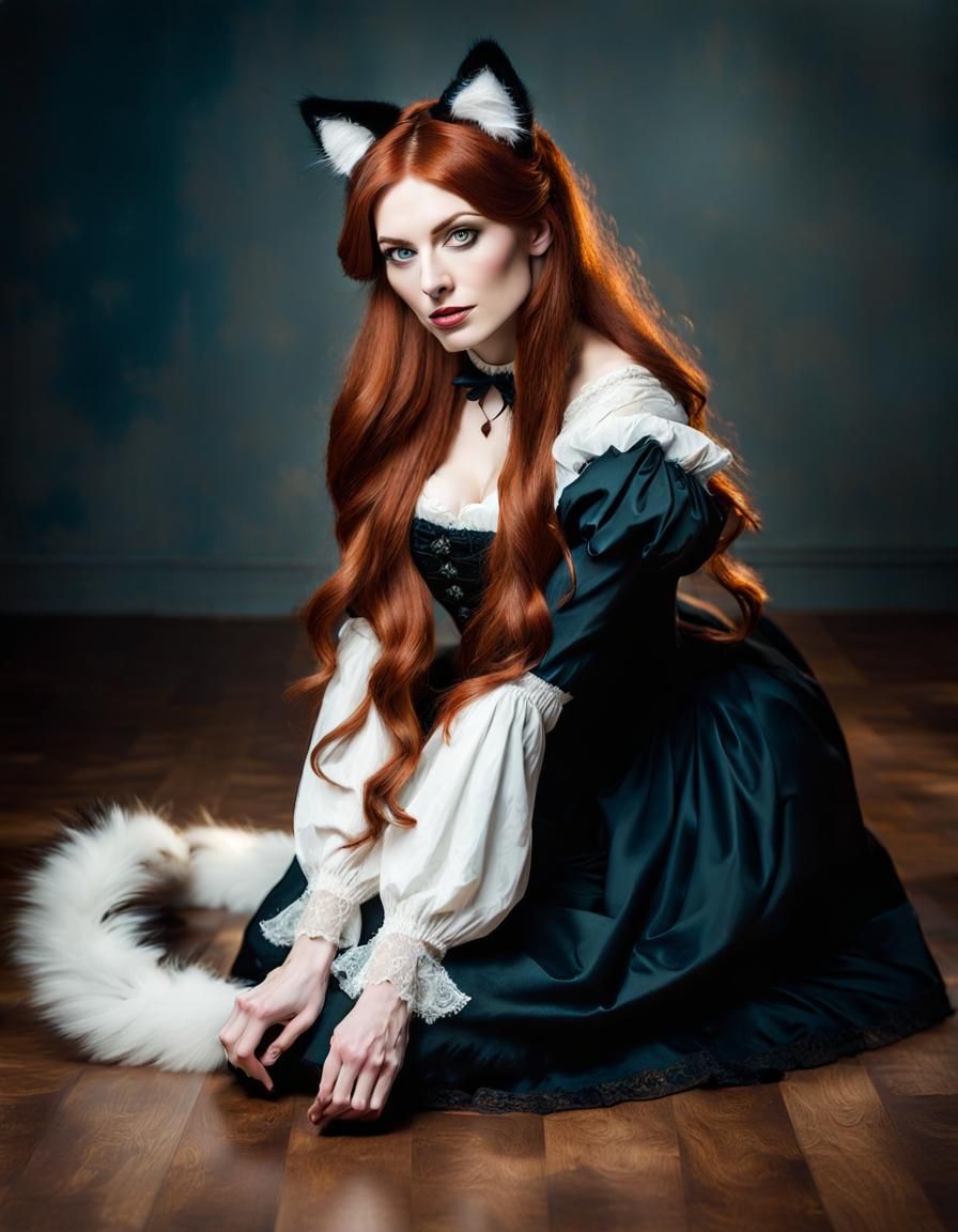 Playful Woman with Cat Features in Victorian Dress