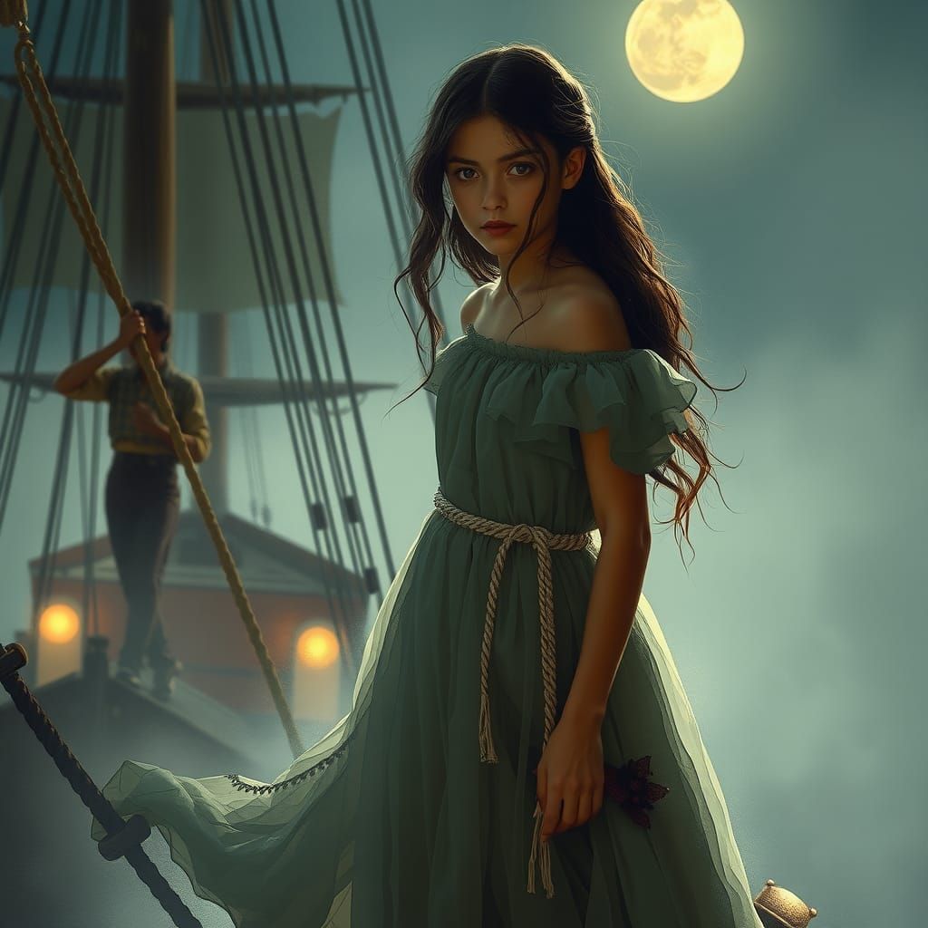 Defiant Girl Amidst Ship Chaos in Impressionist Style